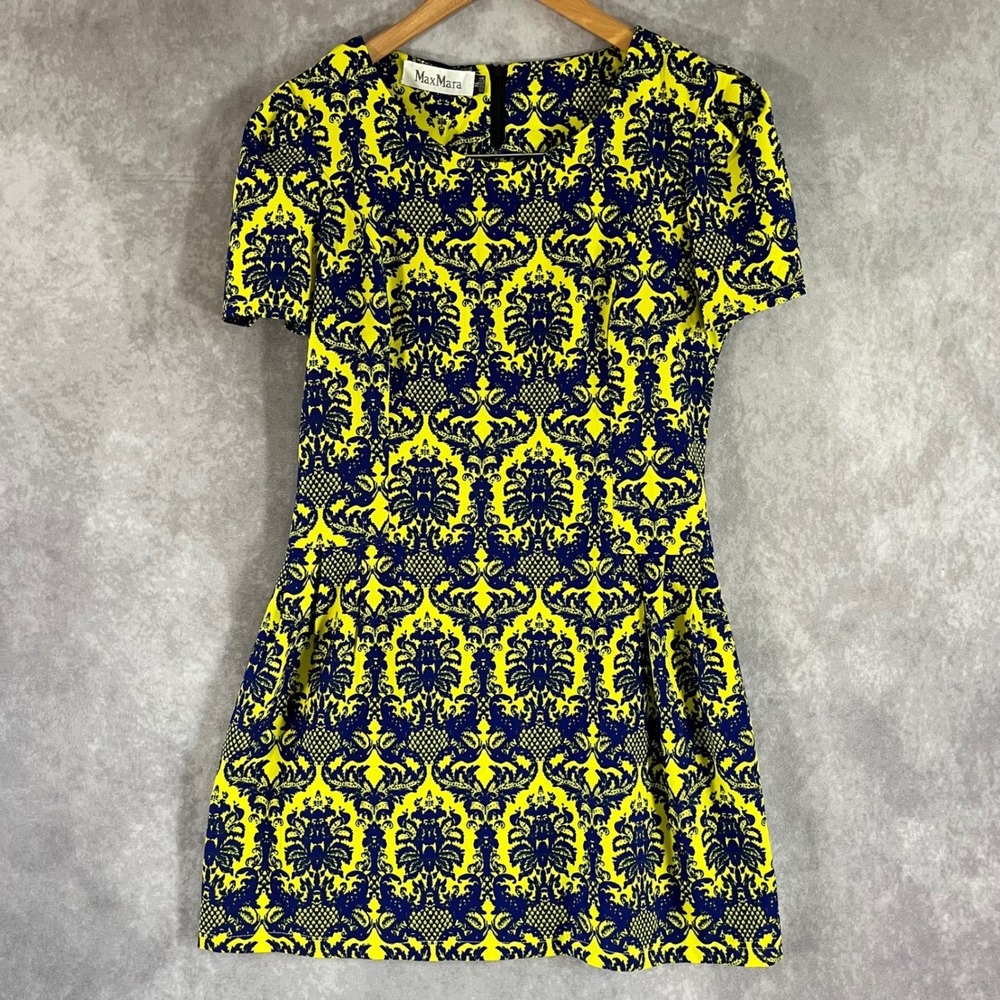 Max Mara Damask Print Dress Women XL‎ Yellow Navy Blue Short Sleeve Fit & Flare